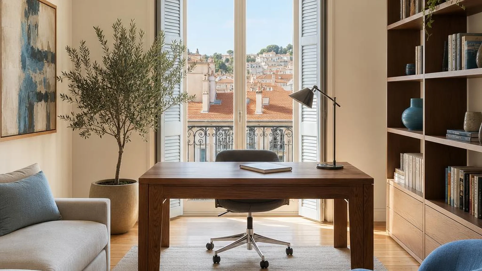 Illustration d'un logement meublé avec un espace de travail pour un séjour au mois
